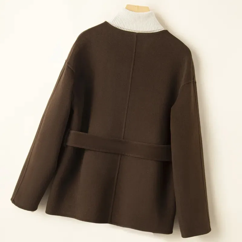 

New Autumn Winter Double-Sided Cashmere Short Woolen Coat Women Fashion V-Neck lace-up Wool Jacket Female Loose Outerwear T1497
