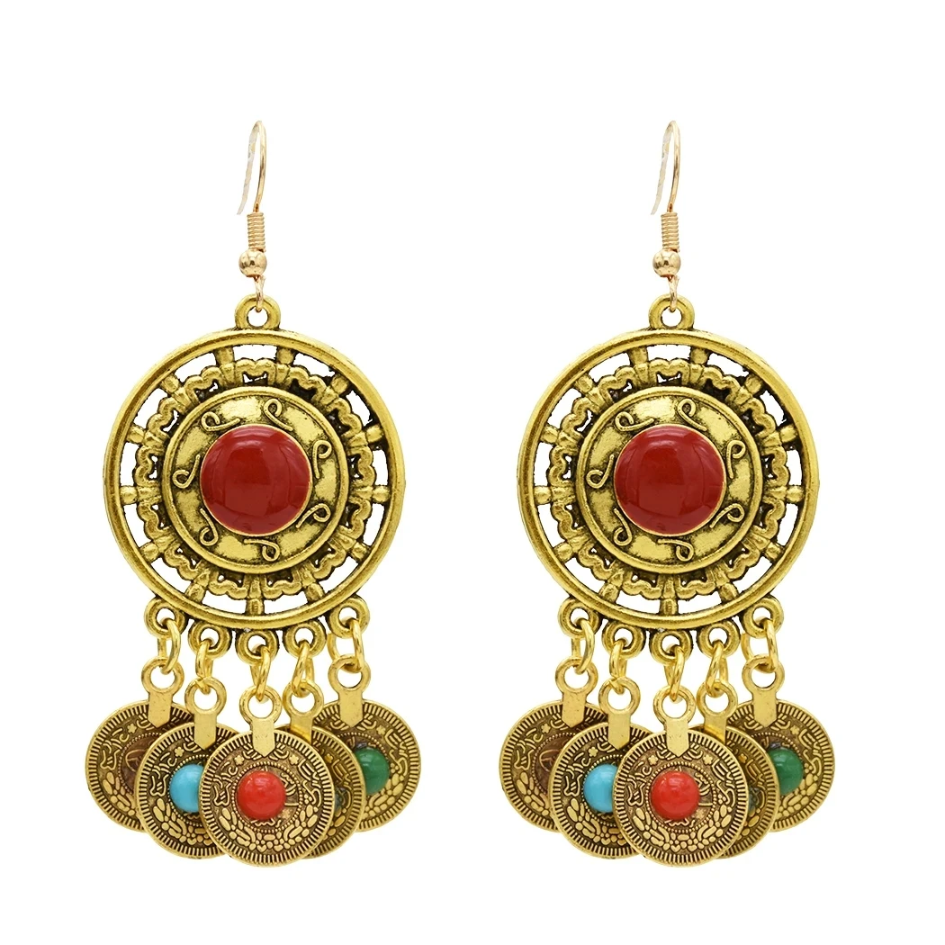 Colorful Resin Gem Coins Necklace Earrings for Women Boho Turkish Afghan Tradional Dress Long Sweater Chains Indian Jewelry Sets