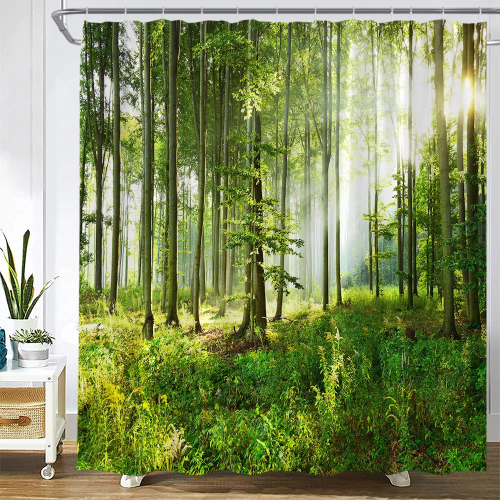 

Forest Shower Curtains Green Trees Plants Sunshine Nature Landscape Wall Hanging Polyester Fabric Bathroom Decoration with Hooks