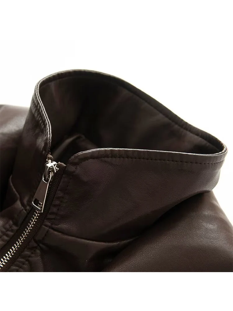الخريف الشتاء المرأة عالية Colar بولي Leather سترة جلدية الرجعية فضفاضة الأكمام موضة سستة معطف شارع العليا مرونة الخصر الشارع الشهير