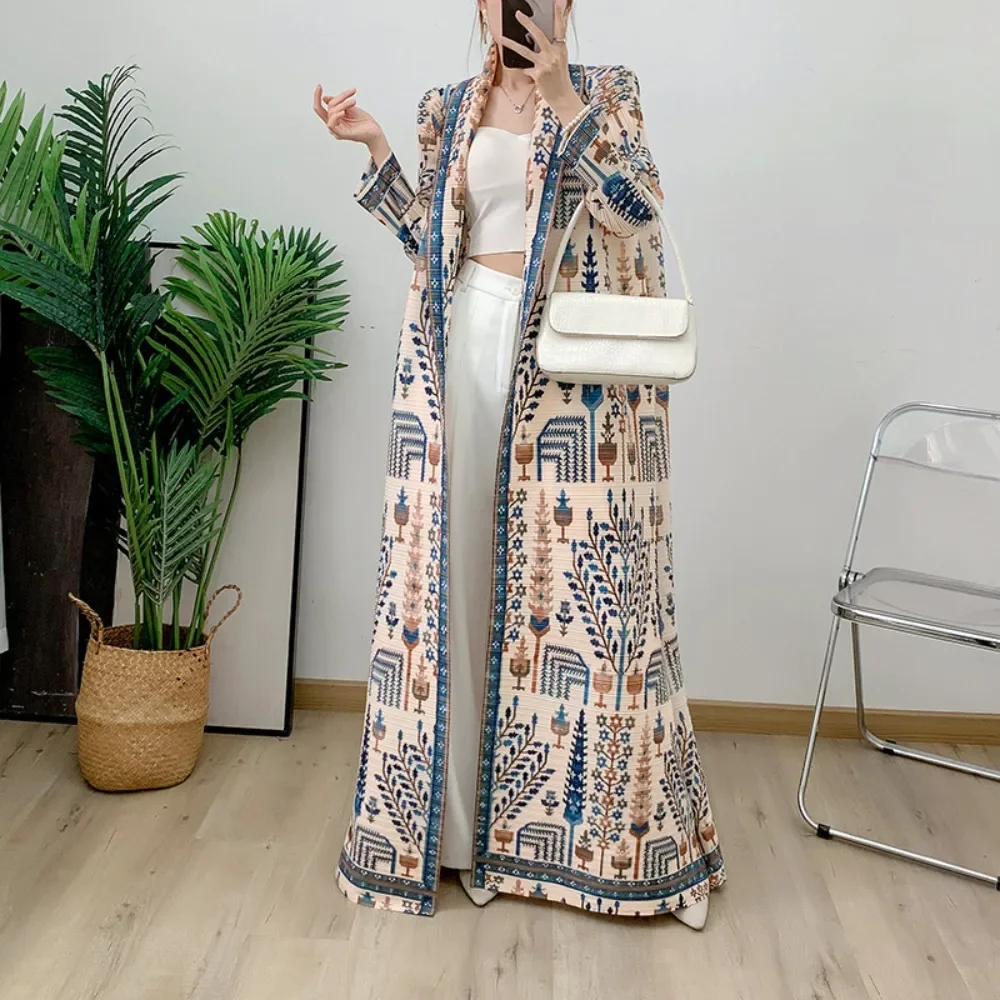 Pleated Printed Long Trench Coat Jacket Women's Elegant Loose Large Size Middle East Cardigan Long Gown Holiday Dress Cardigan