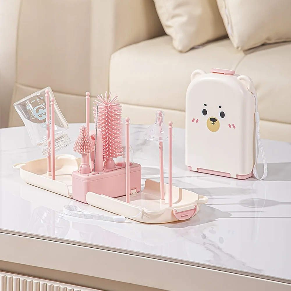 

6-in-1 Baby Bottle Brush Set Built-in Drain Rack Drying Rack Nipple Straw Cleaning Brush Space Saving Portable Cup Brush