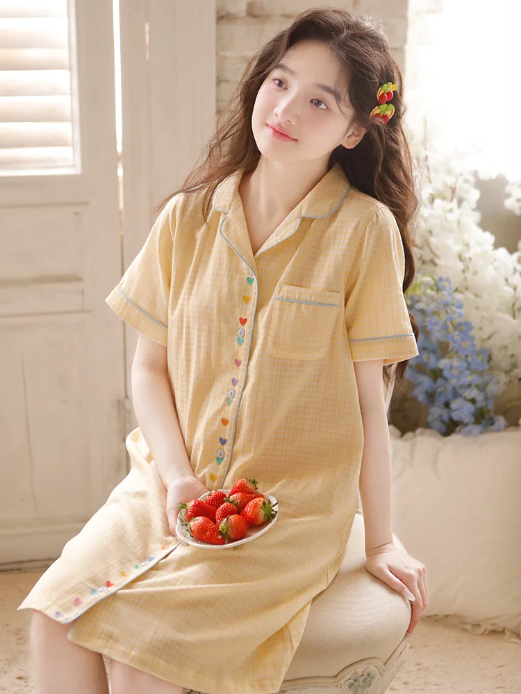 

Summer women nightgown new comfortable breathable pure cotton short-sleeved gauze pajama medium-length sweet plaid cardigan home