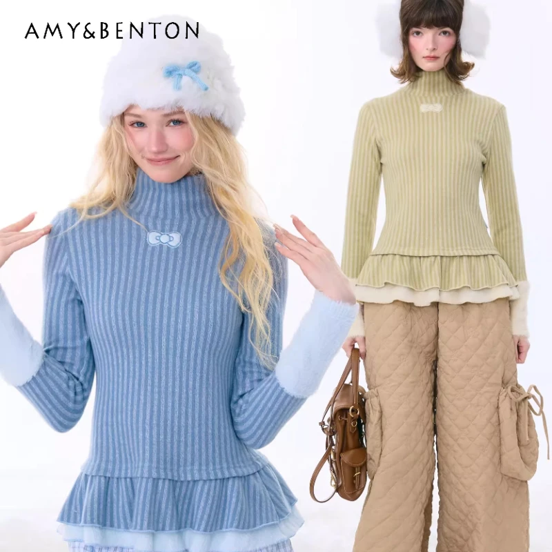 

American Retro Design High Neck Vertical Striped Hem Women's Top Autumn Winter Slimming Versatile Knitted Bottoming Shirt Girl