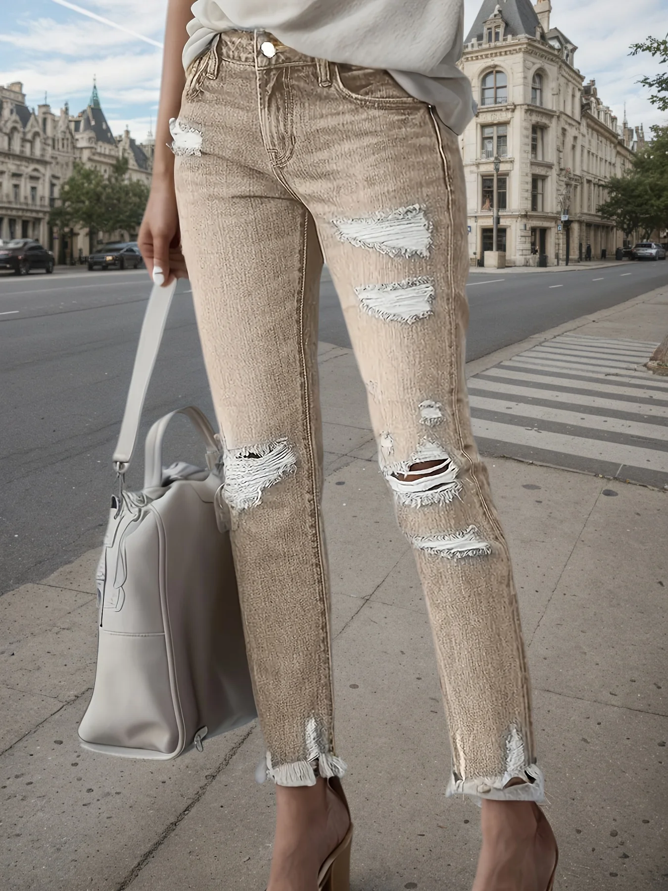 Women's fashion trend street style mid waist ripped jeans, solid color pocket slim fit, medium elasticity, zipper closure, women