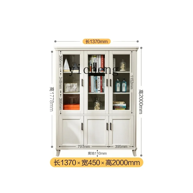 

Tqh White Cream Style Pure Solid Wood Bookshelf Living Room Floor Bookcase Glass Door Integrated Wall Shelf Study