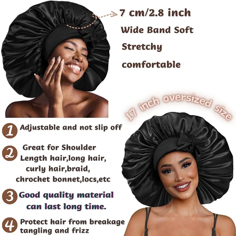 New Large Satin Bonnet Silky Night Sleeping Cap Satin Bonnet With Head Tie Band Bonnet Lace Up Shower Cap Curly Braid Hair