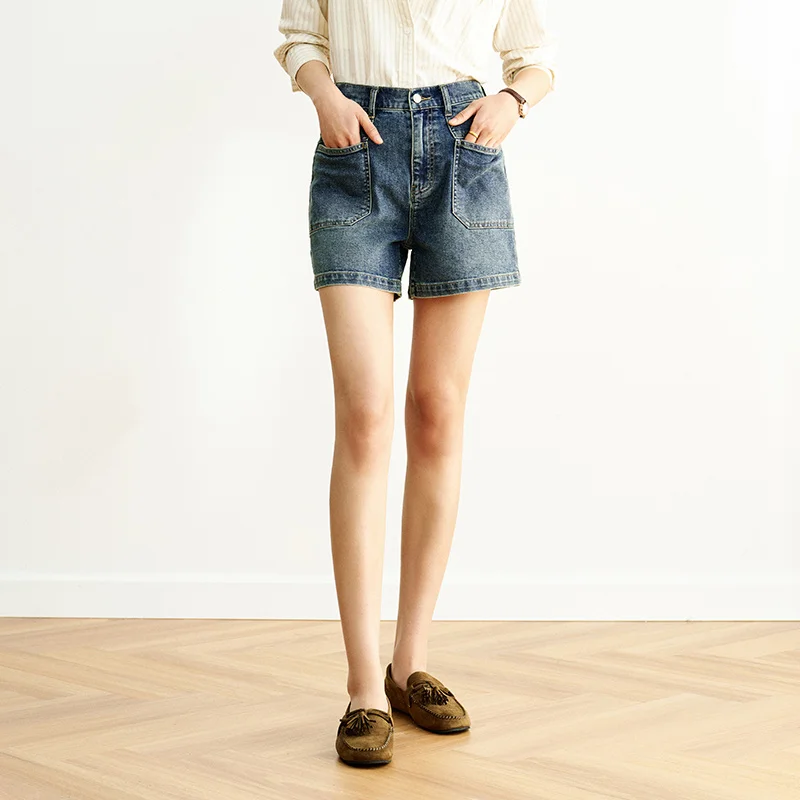 Women's Vintage Washed Denim Shorts with Elastic Waist