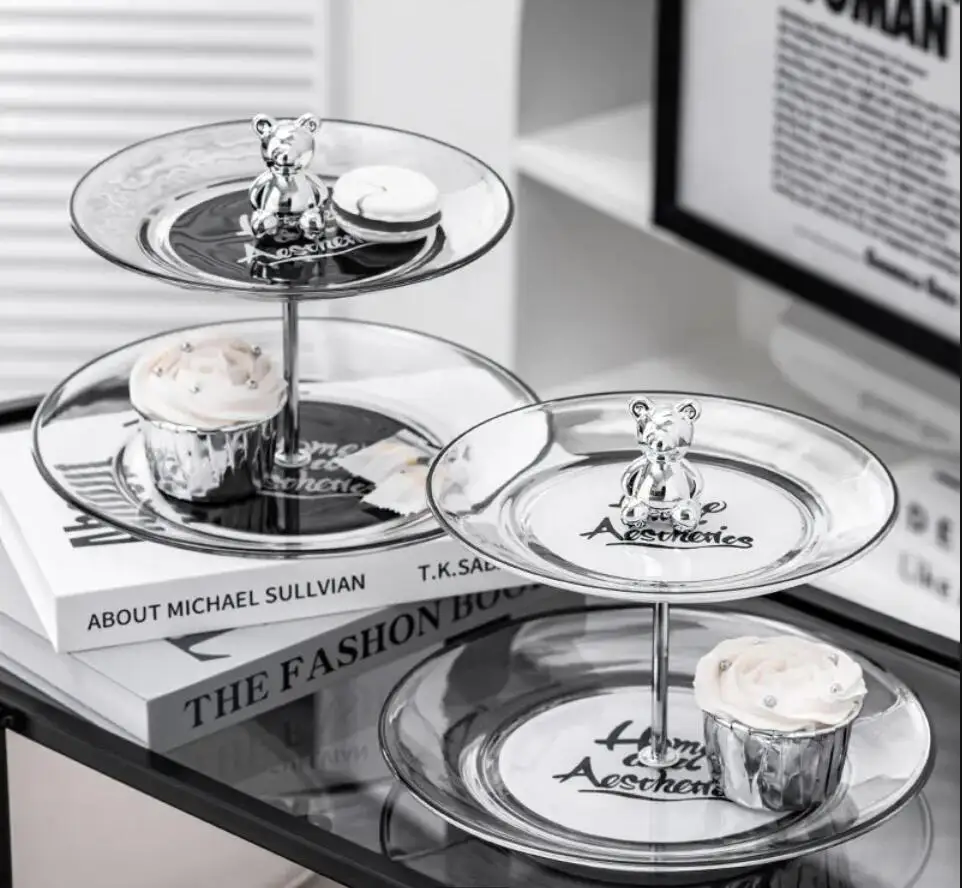 

2-слойная стеклянная тарелка с фруктами, медведь, торт, послеобеденный чай, десерт, закуска, европейские инструменты для украшения дома