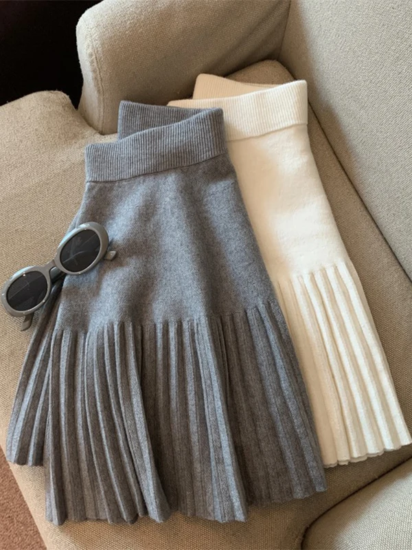 

ay Knitted Pleated Skirt Women's Autumn Winter Thiened Wrap around Skirt ort Skirt High Waist Korean Sle Commute