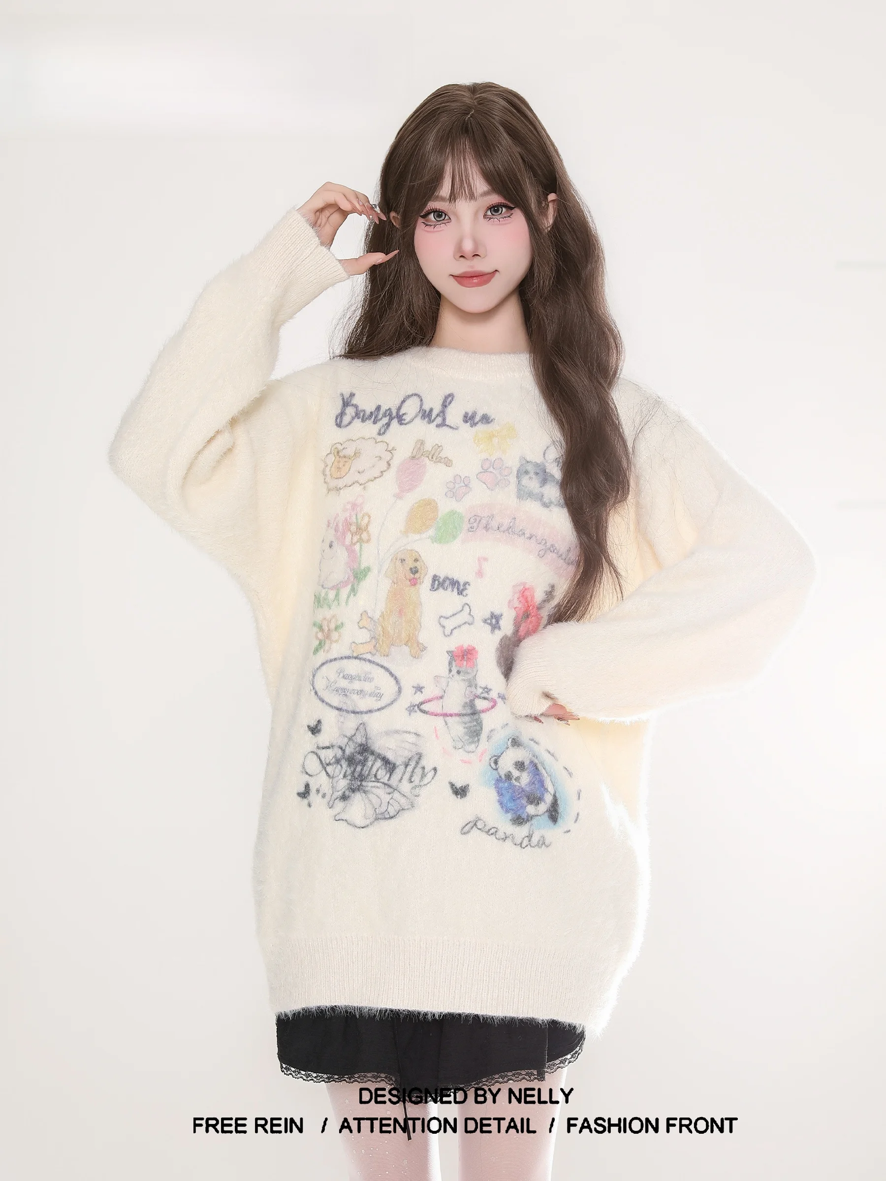 

Soft Cozy Dog Knitted Sweater Fem Mink Velvet Top High End Feeling Lazy Sle Camere Material Spring Autumn Winter Women...