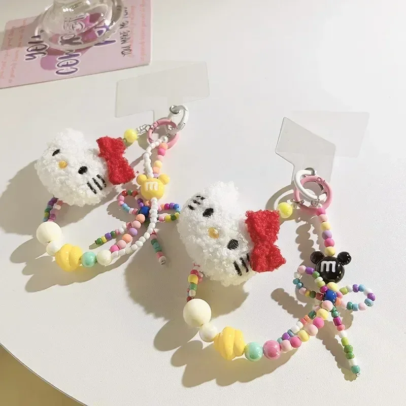 Sanrio Hello Kitty Colorful Beaded Keychain Kawaii Cartoon Plush Phone Strap Wrist Strap Backpack Pendant Decoration Girl Gifts