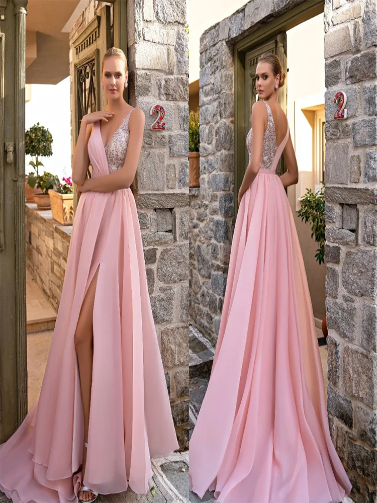 Elegante schattige roze a-lijn split v-hals lange galajurk formele avondjurken applicaties backless feestjurken