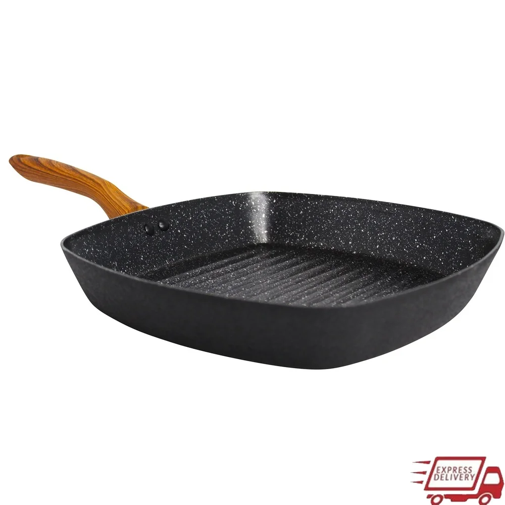 

11 Inch Nonstick Deep Square Grill Aluminum Speckled Surface Wood Look Handle Ideal Family Meals Even Heat Distribution Easy