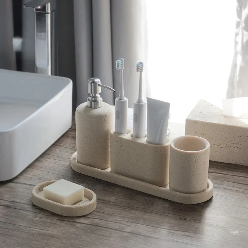 Travertine Bathroom 5-Piece Accessory Set, Yellow Sandstone Vanity Tray, Sink Counter Decor, Model Room Aromatherapy Ornaments