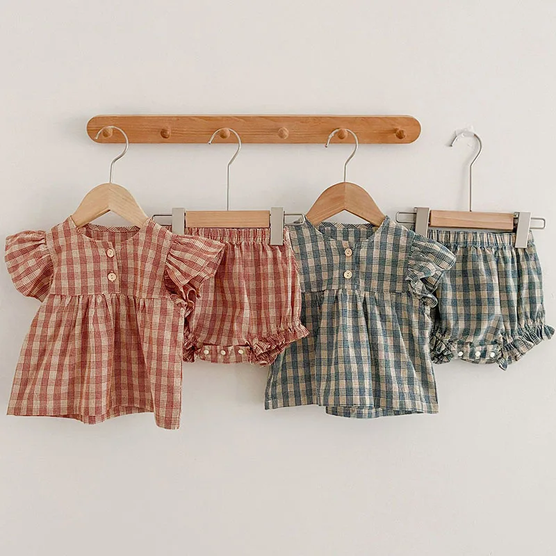 

Fashion Baby Sets Plaid Flying Sleeve Tops+ Shorts 2Pcs Clothes Suit Summer Cotton Toddler Infant Girl Clothing