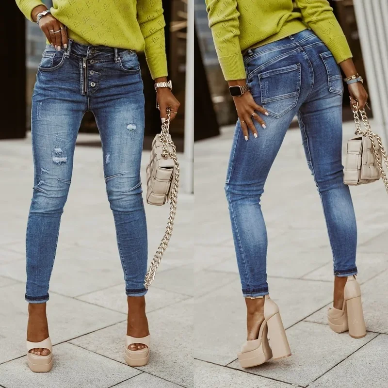 

Women Jeans Ankle Length Denim Pants Pencil Pants Zipper Fly Washing Slim Fit Pockets Streetwear Spring 2024 Slght Strech