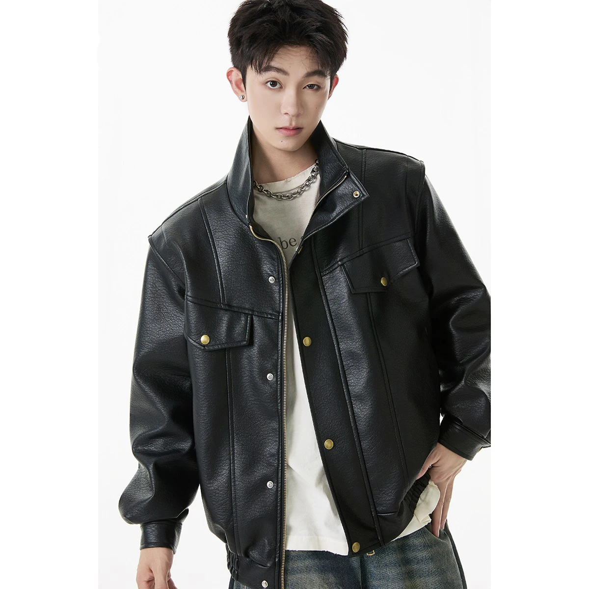 

American Sle Stand Collar PU Leather Jaet Loose Casual ex Motorcycle Sle Coat Youth Faion Autumn Long Sve