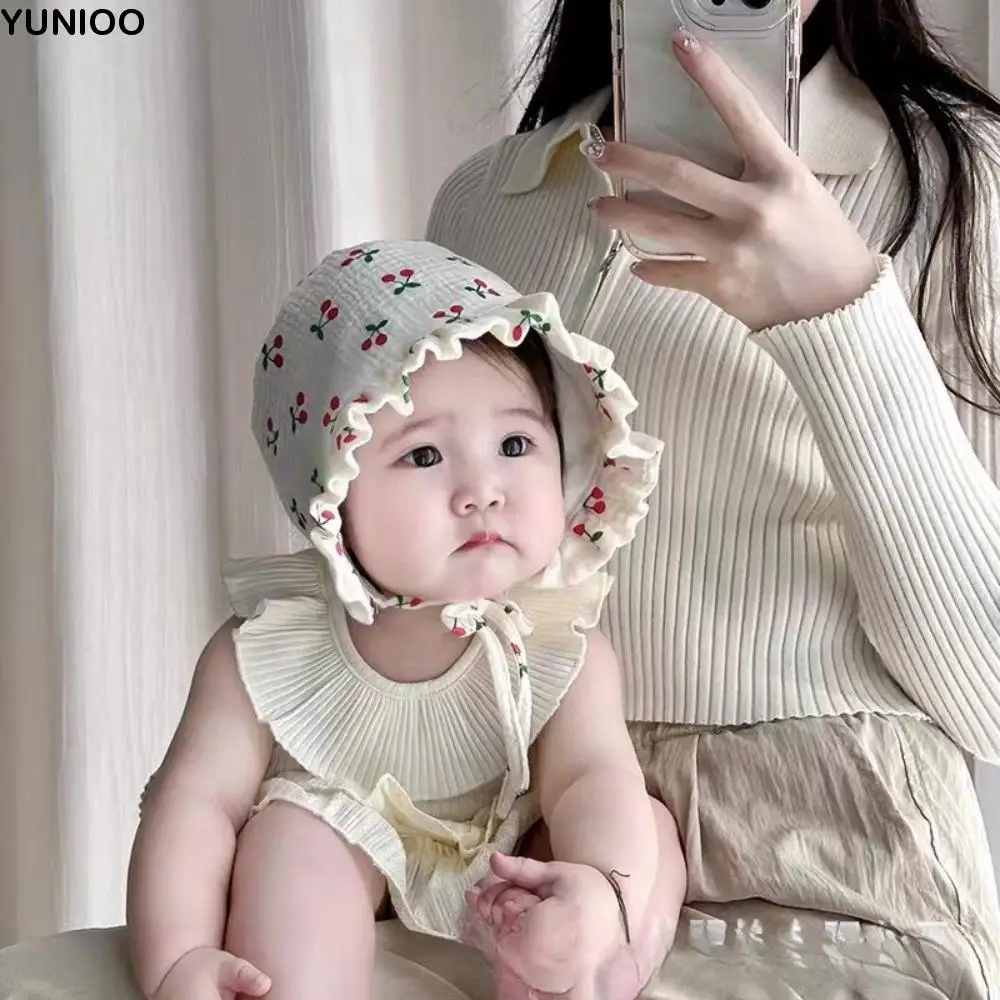 

Cartoon Korean Baby Fetal Cap Flower Cherry Print Soft Cotton Newborn Sun Hat Princess New Infant Beanie Cap 2-12 Months