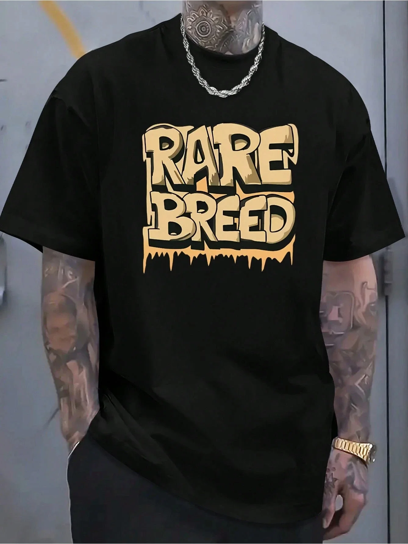 Rare Breed Black White Tshirt Drip Effect Text Print with Silver Chain Accessory Unisex Cotton Streetwear Casual Outfit