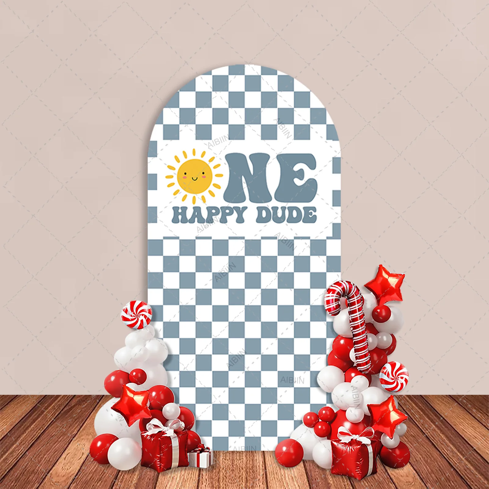 One Happy Dude 1st Birthday Arch Backdrop Cover, Cute Sun Black/Blue/Pink/Purple Grid Checker Kids Party Decor Background
