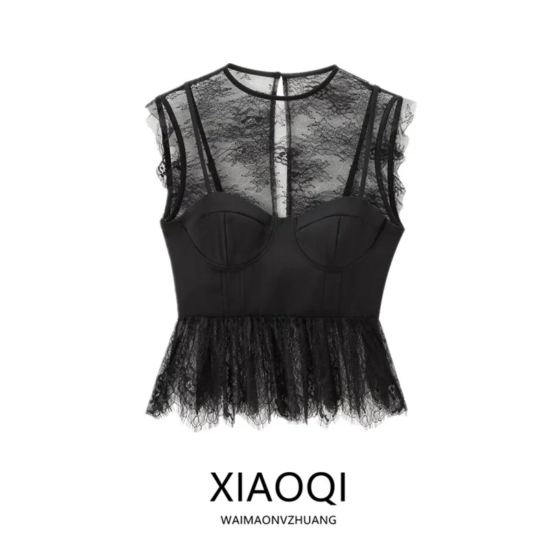 2024 Autumn New Women's Fashion Design Sense Sleeveless Lace Patchwork Versatile Top Regular Length All-match Style