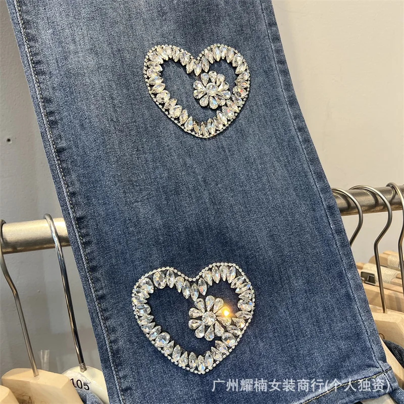 Fashionable New Autumn Loose Women Denim Trousers All-match Love Patterns Diamonds Elastic Waist Wide Leg Pants Straight Jeans