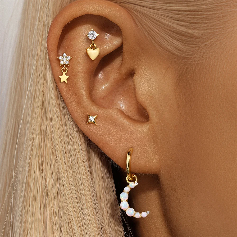 LENNIK Gold single S925 Silver foreign trade new Australian treasure earring women love star moon zircon earring jewel ohrringe