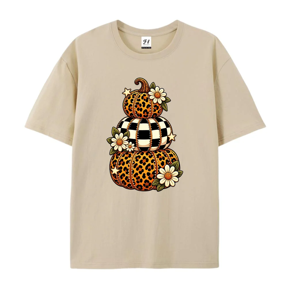 Women T Shirt Leopard Plaid Pumpkin Flower Print Short Sleeve Crewneck Casual Loose Cotton Autumn Graphic Tees Tops