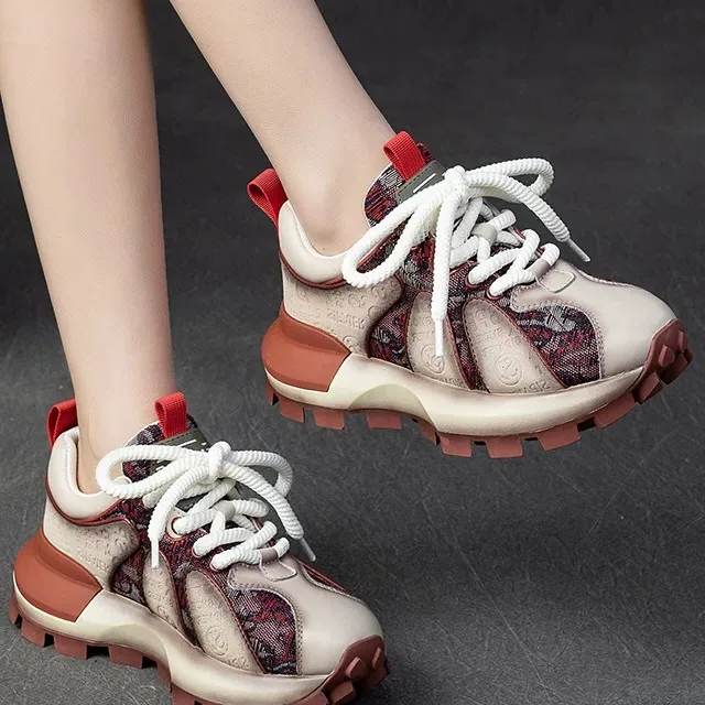 Spain Glas Genuine Leather Dad Shoes Thick Bottom Casual Style Women's Fashion Sneakers Low Top round Toe Spring Summer Wear