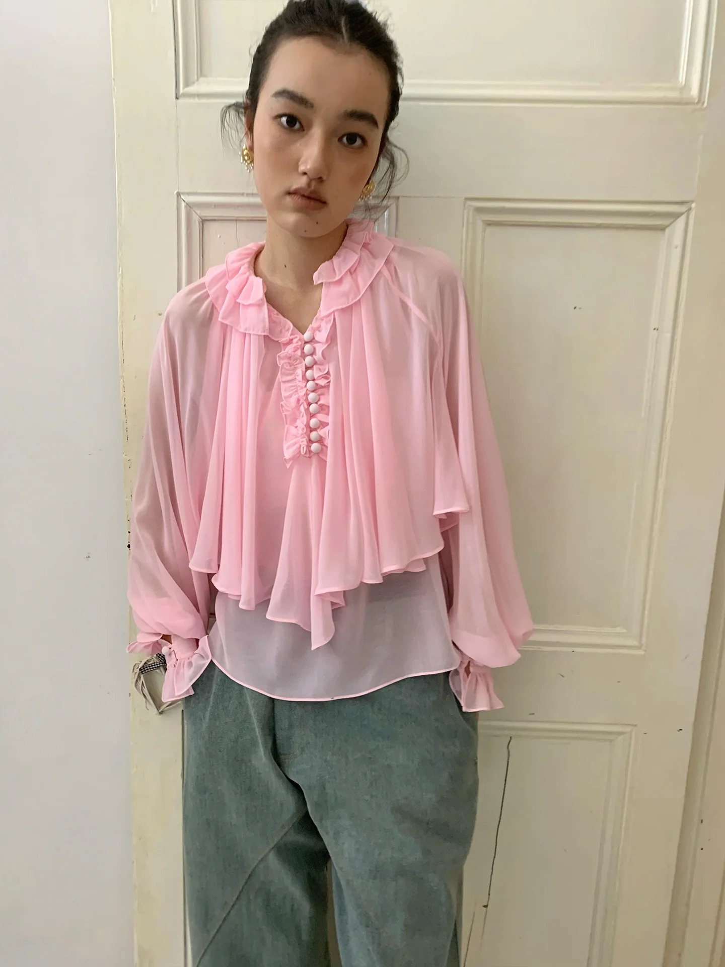 

Женская шифоновая блузка Ele Spoii с деревянными и лотосовыми пуговицами, повседневная, из полиэстера, с длинными рукавами