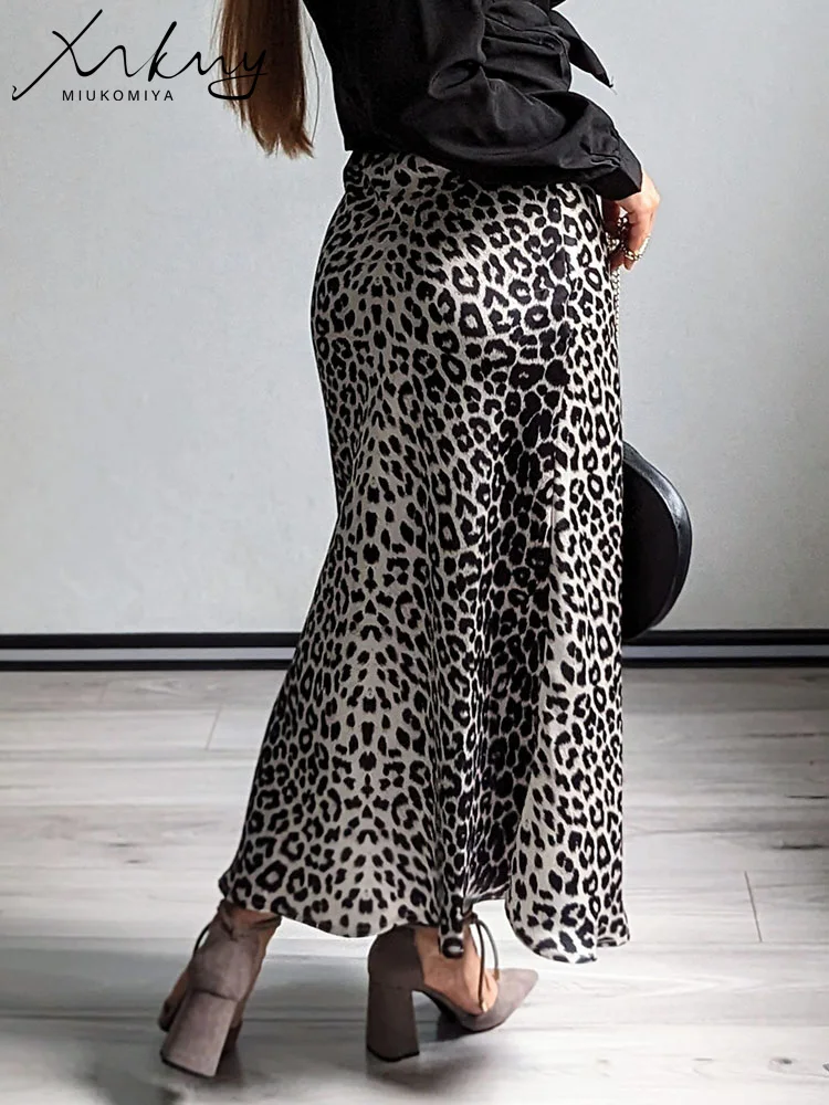 MiuKoMiYa Autumn Satin Leopard Print Maxi Skirt Women High Waist A Line Office Slim Long Leopard Skirt For Women Elegant 2024