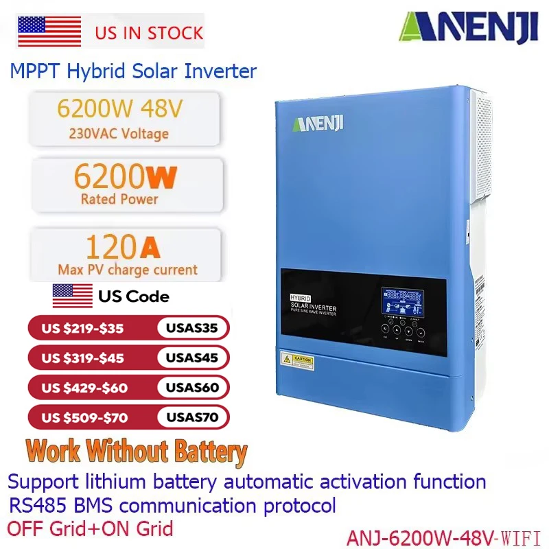 ANENJI 6.2KW 4.2KW Hybrid Solar Inverter 48V 24V 230Vac Photovoltaic Inverter Pure Sine 120A 100A MPPT Solar Charger PV 500VDC