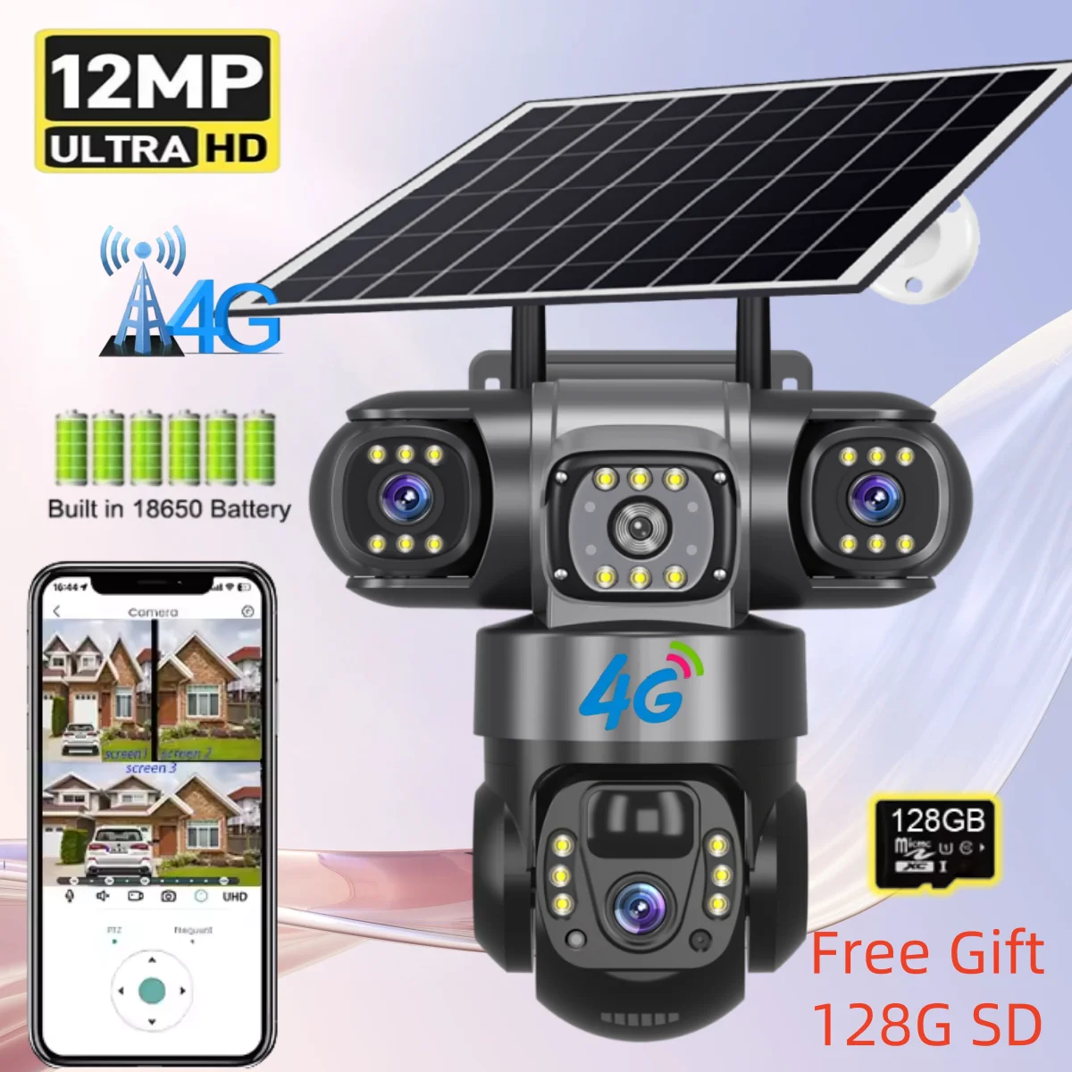

Solar Powered 4G Camera HD 12MP 6K Triple Len Security Surveillance Night Vision PTZ Triple Screen Monitor Video Protection CCTV