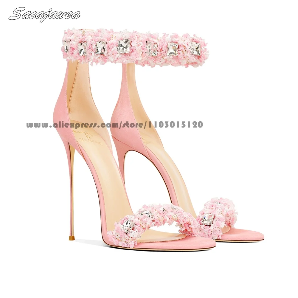 

Sheepskin Sole Flower Crystal Ankle Strap Sandals Open Toe 10CM Heel Sexy Stiletto High Heels Solid One Word Belt Party Sandals