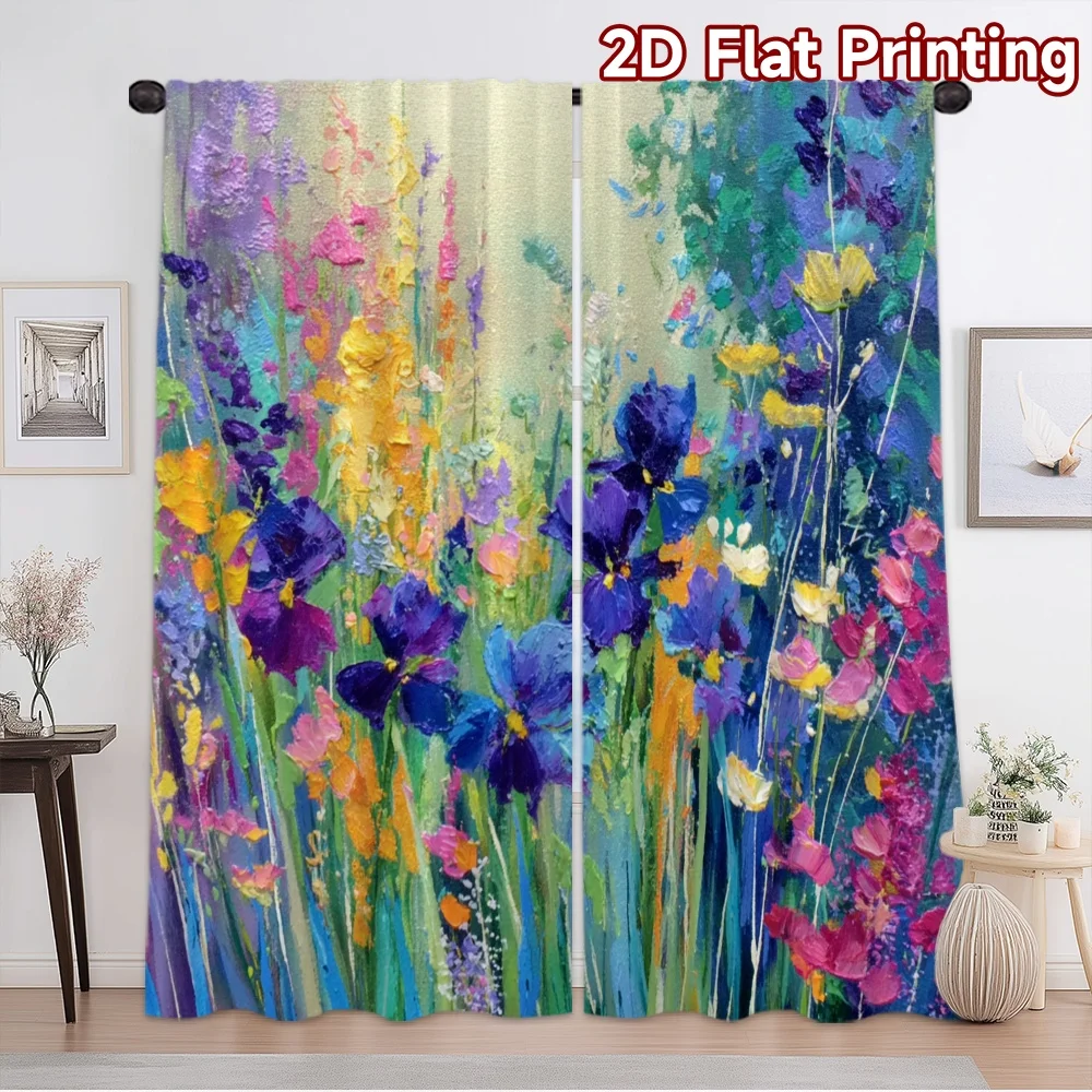 2D flat printing 2pcs Curtain Curtain Spring Colorful Flowers Digital Printed Polyester Drapes Seasonal Party & Holiday Decor