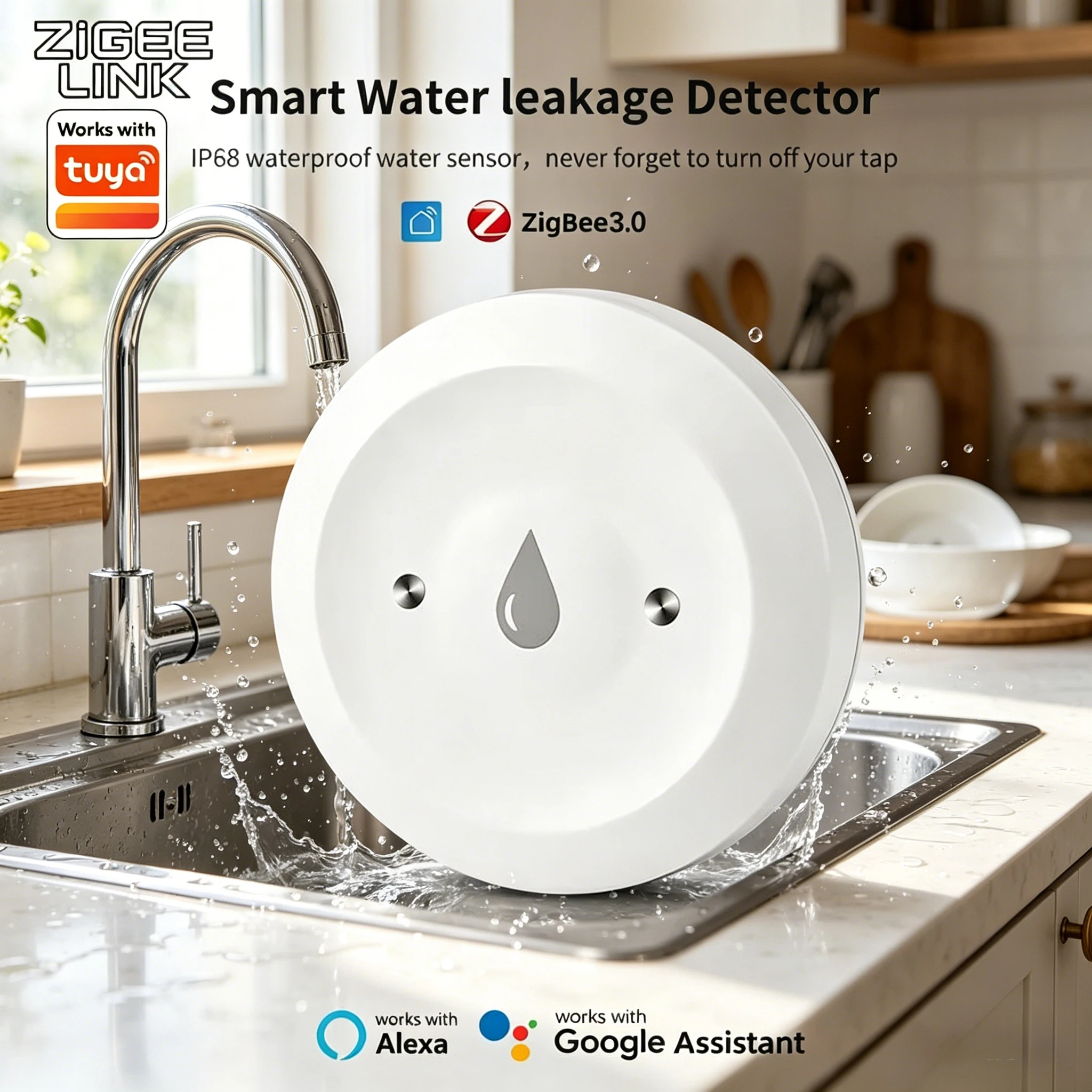

Zigbee Water Leak Sensor Flood Leakage Detector Linkage Alarm Sensor for Kitchen/Bathroom Support Tuya Smart Life Zigbee2mqtt