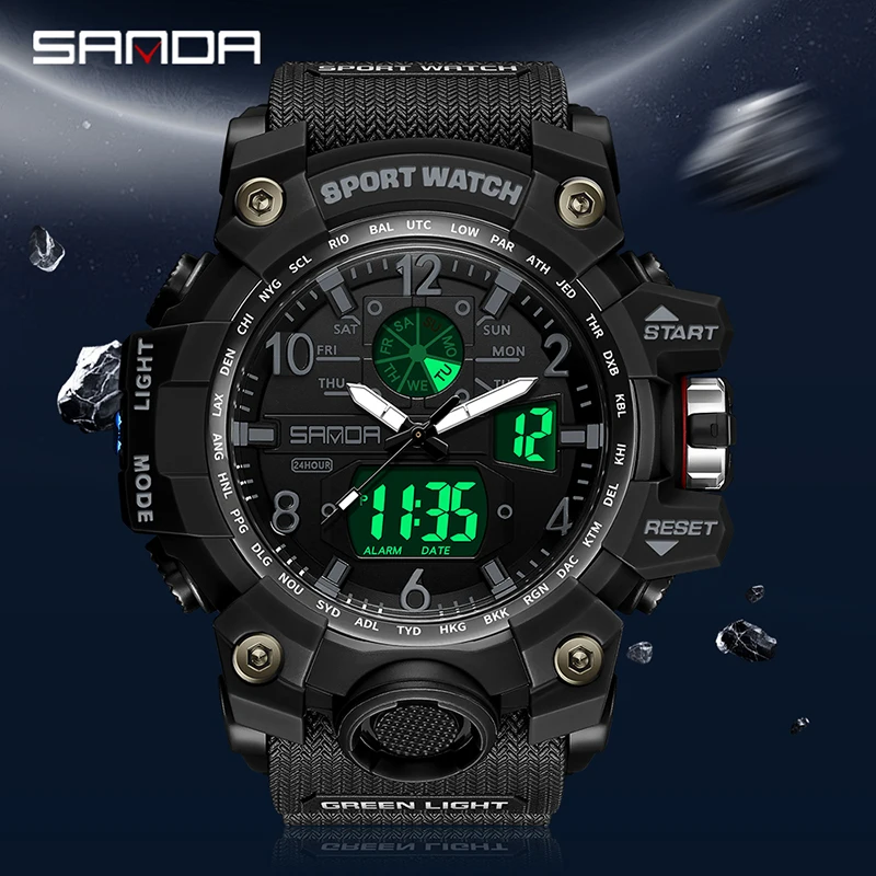 Fashion Sanda Top Brand Outdoor Military Sport Men 50m Waterproof G Style Quartz Digital Dual Time Multi Functional WristWatches