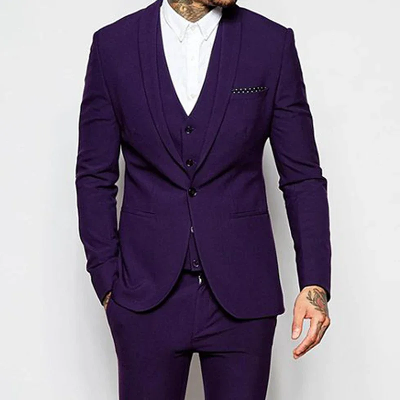 

Fashion Purple Casual Suits Groom Tuxedo Prom Slim Fit Blazer Hombre Business High Quality Custom 3 Piece Set Packet Vest Pants