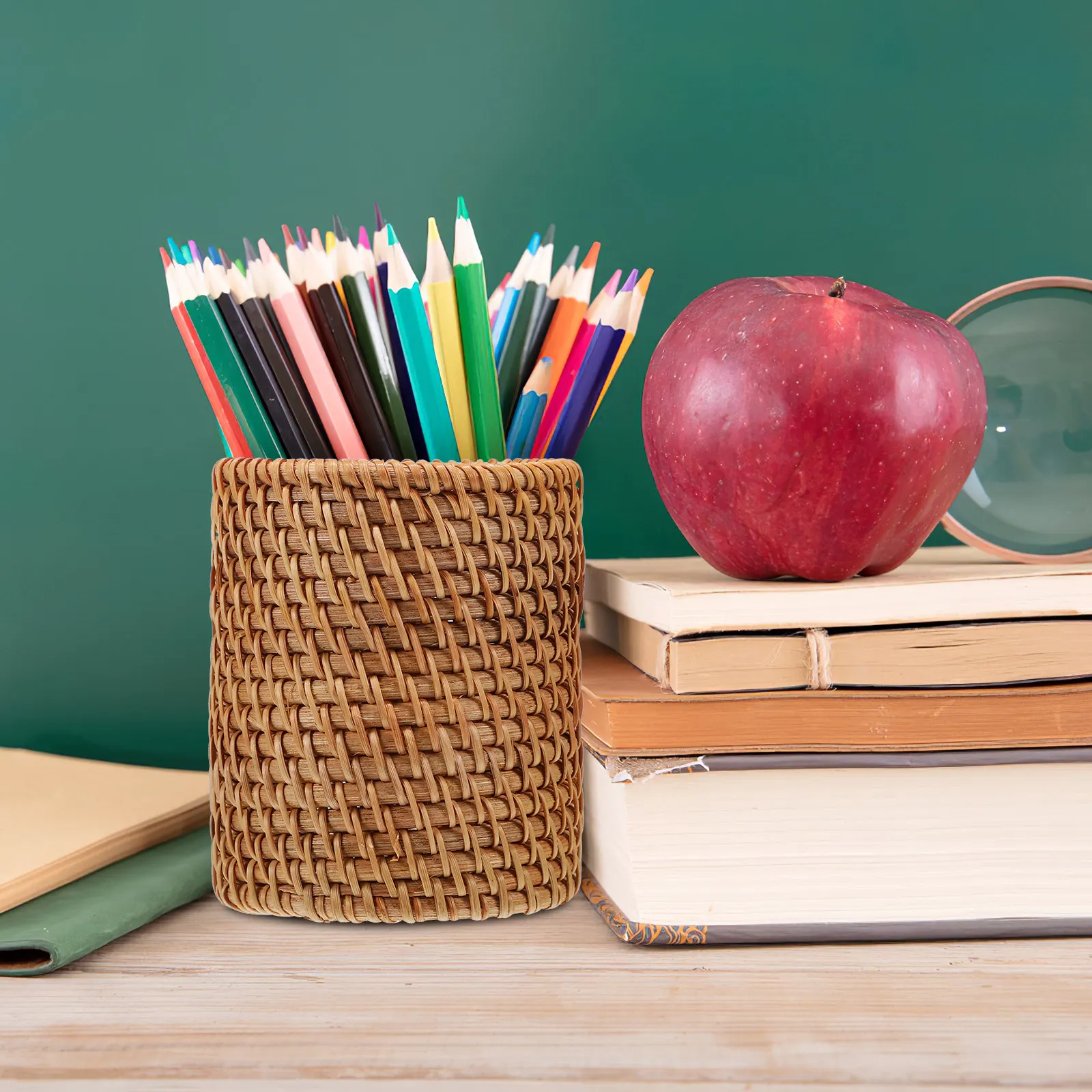 

Набор из 2 плетеных подставок для карандашей на стол, деревянный органайзер для ручек с большой вместимостью, многофункциональное настольное хранилище для офиса и дома