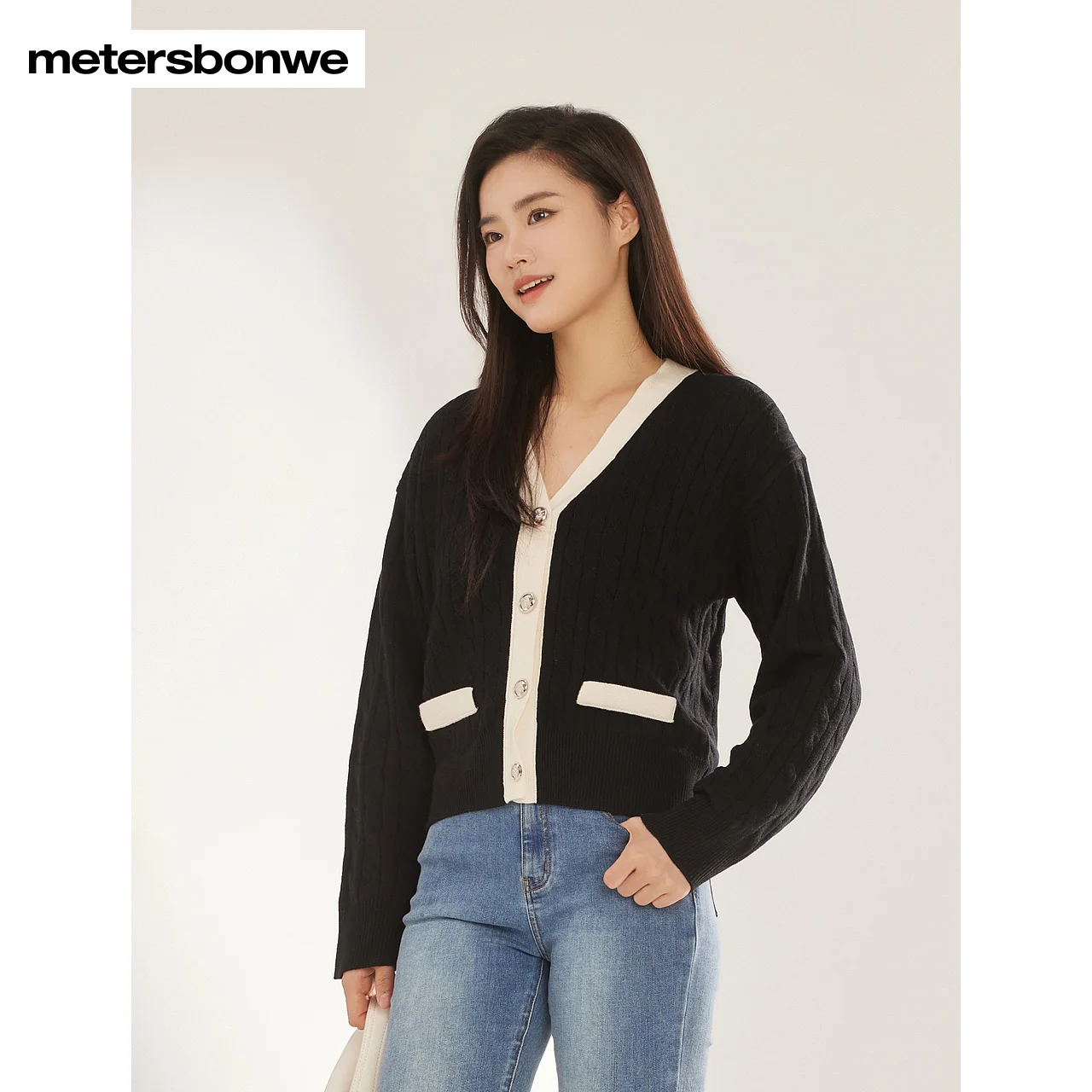 Metersbonwe-New Women\'s Knit V-Neck Cardigan Color Clash Short Sweater Commuter Office Lady Elegant Wear Autumn Winter