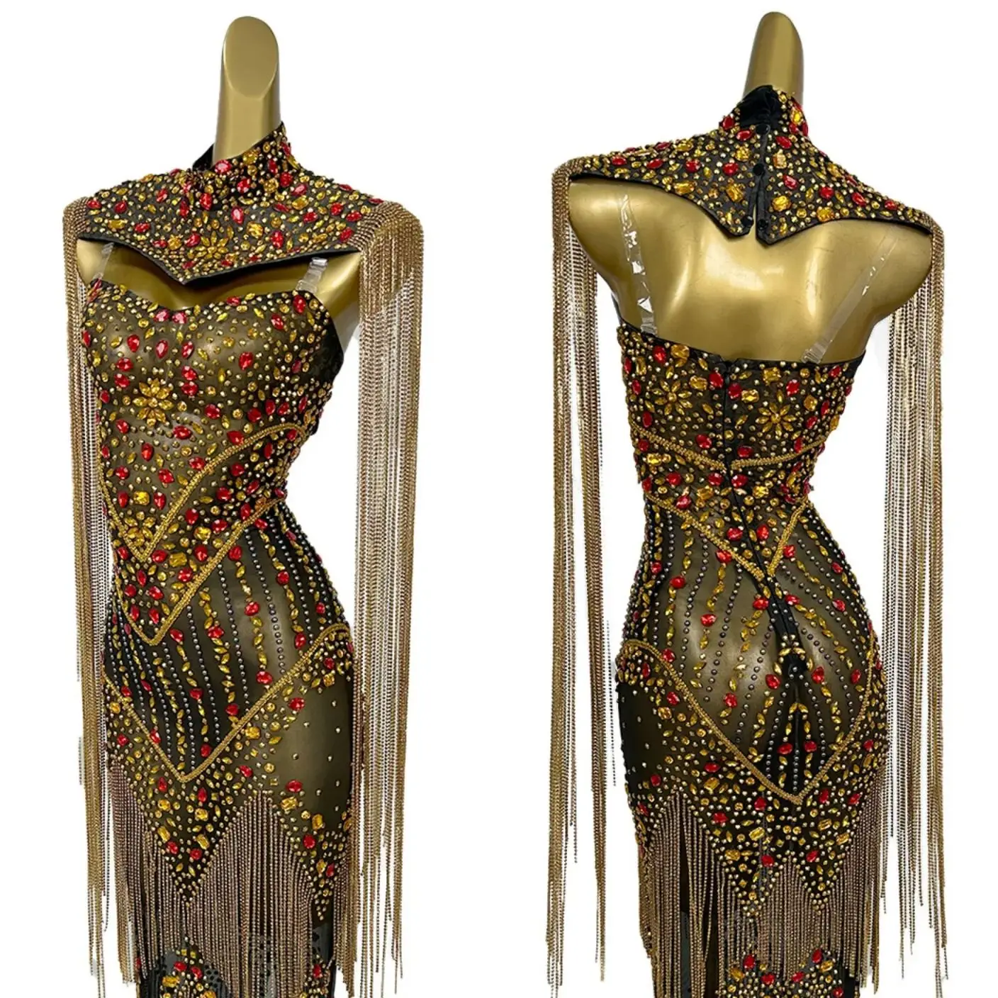

Luxury Sparkly Rhinestone Chains Tassel Evening Gown See Through Mesh Dresses Birthday Prom Festival Celebrate Couture Shanyao