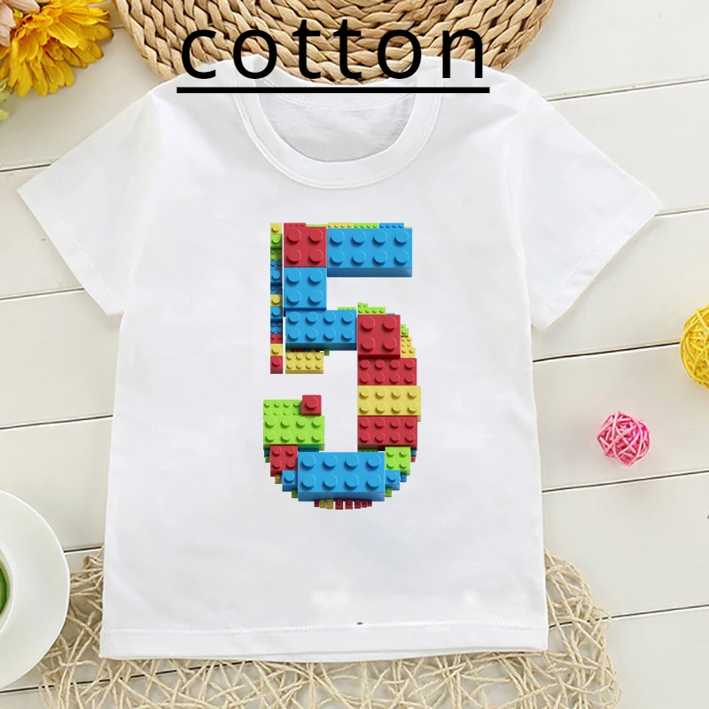 Children Cotton T-Shirt Boys Girl Building Blocks Birthday Digital Print Tshirt Cute Kids Clothes White Tshirt Tops Baby Clothes