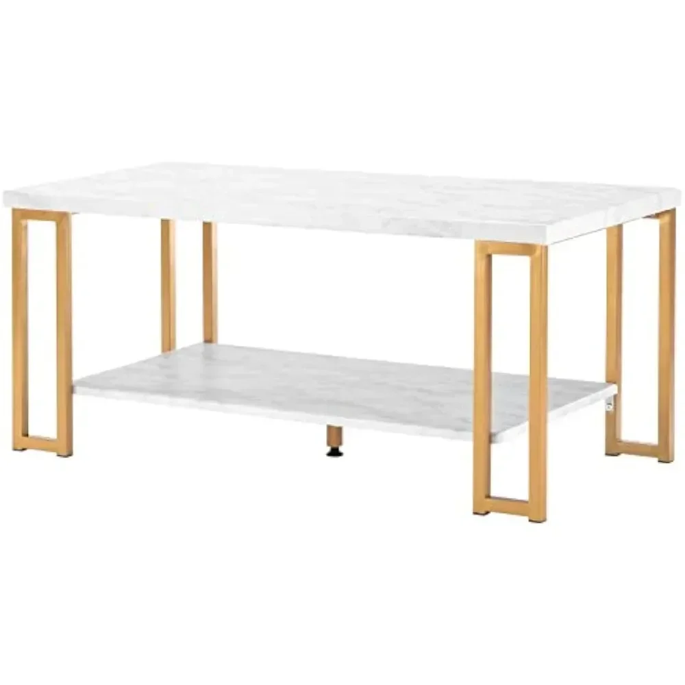 

Modern Faux Marble Coffee Table, 2-Tier Rectangle Accent End Table Furniture with Metal Frame for Living Room Office