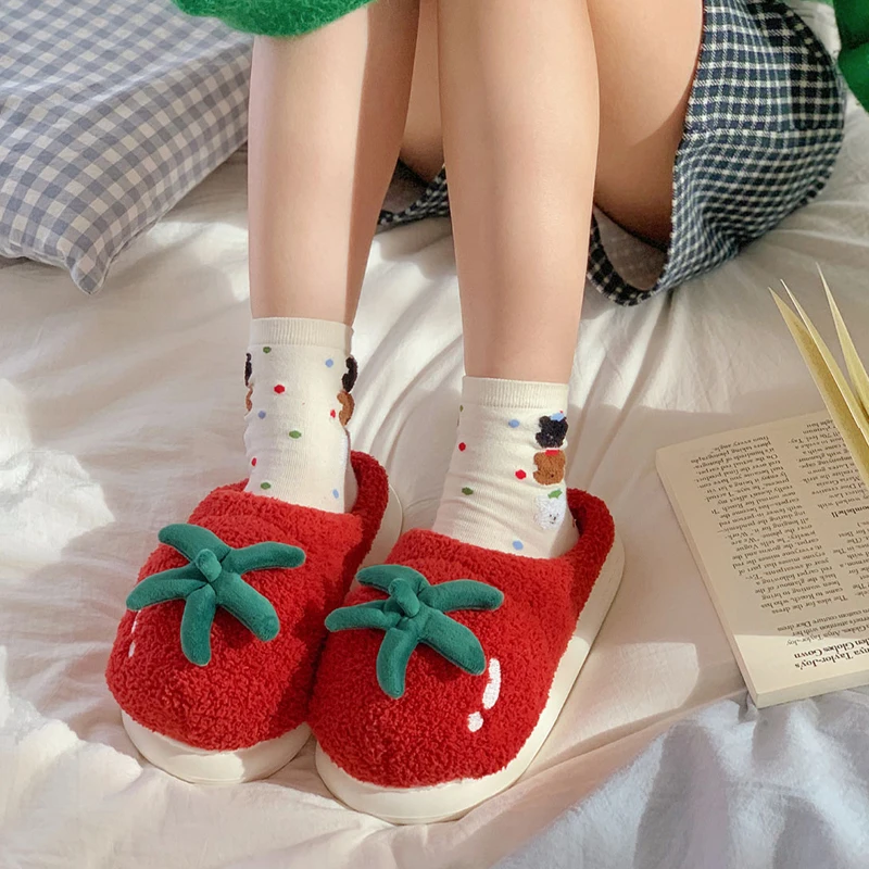 Cute Tomato Shape Cotton Slippers Women's Winter Home Warm Cartoon Parent-child Slippers Outdoor Fluffy Comfort Warm Shoes view 3