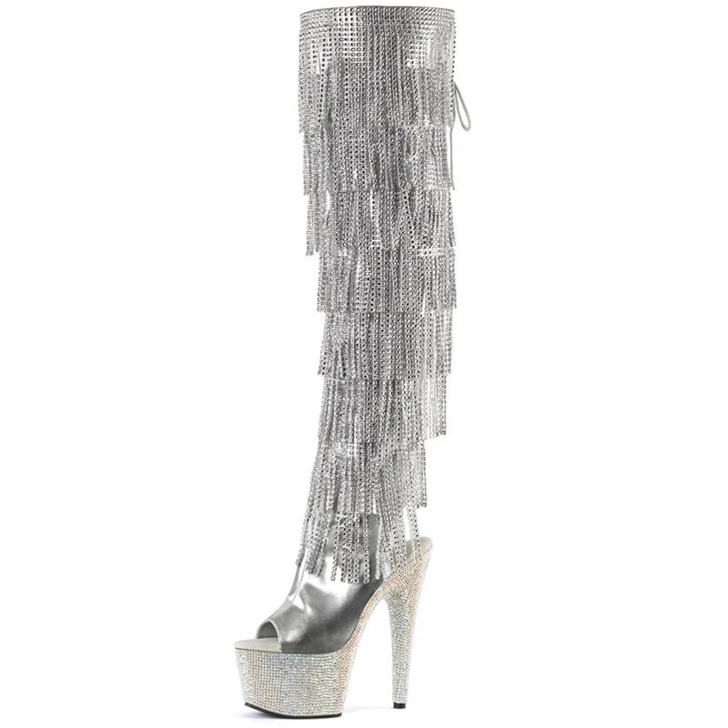 

gothic over-the-knee boots 17cm Summer sandal shoes Crystal Diamond Rhinestones Tassels 7 inch Exotic Dance Fetish Silver Strip