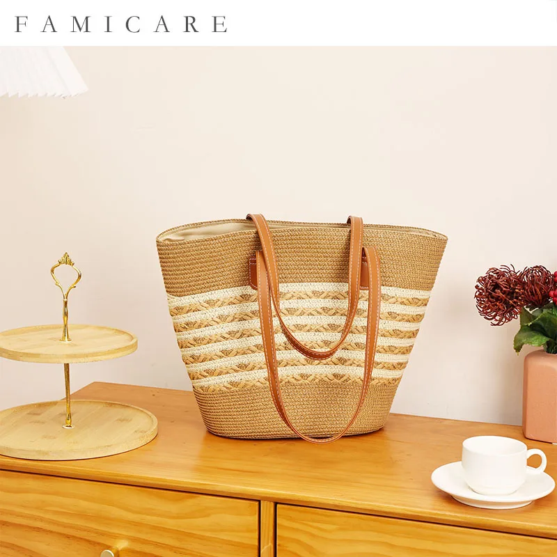 2026 Summer New Striped Straw Woven Bag Premium Handmade Embroidery Pattern Large Capacity Shoulder Tote Beach Vacation Chic