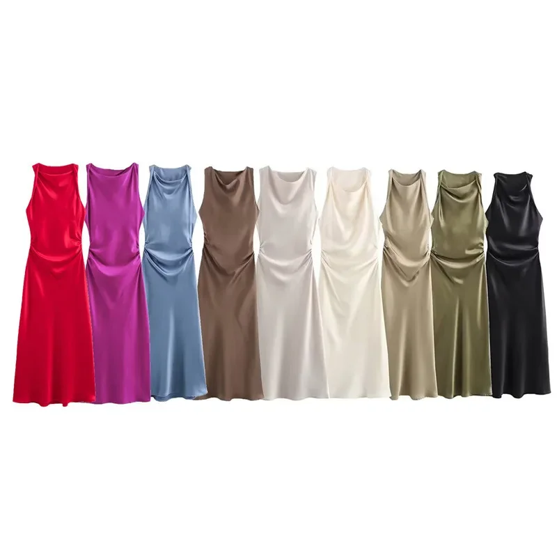 Satin Lange Kleider für Frauen 2025, Sommer Slip Midi Kleid Frau Sexy Abend Party Kleid Ärmellose Weibliche Elegante Kleider