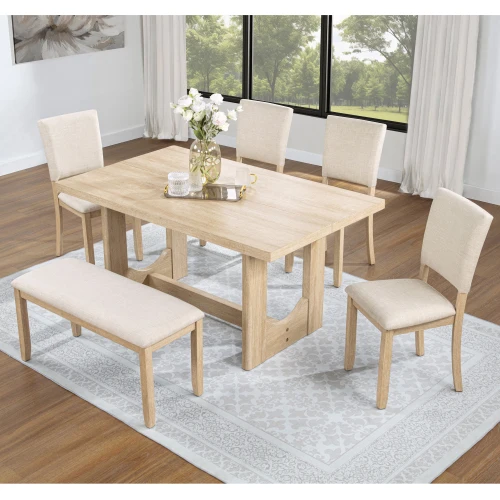 

#6-Piece Modern Dining Table Set With 4 Chairs And Bench Rubber Wood & MDF Beige Linen Eco-Friendly Durable