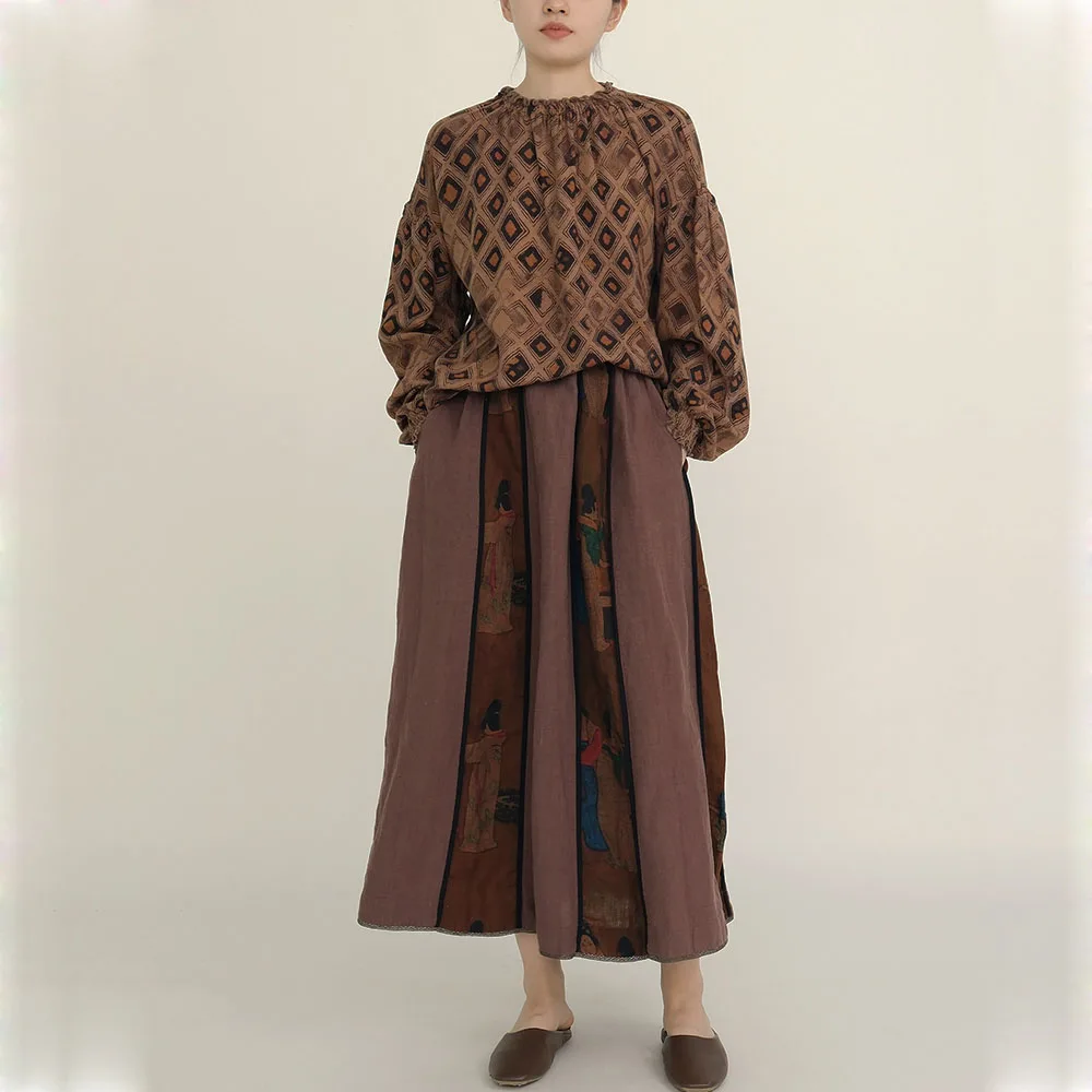 Camicia a maniche lunghe scozzese con maniche a lanterna francese Camicia da donna a maniche lunghe in filato di cotone retrò Colletto elastico Design Senso della maglietta ampia